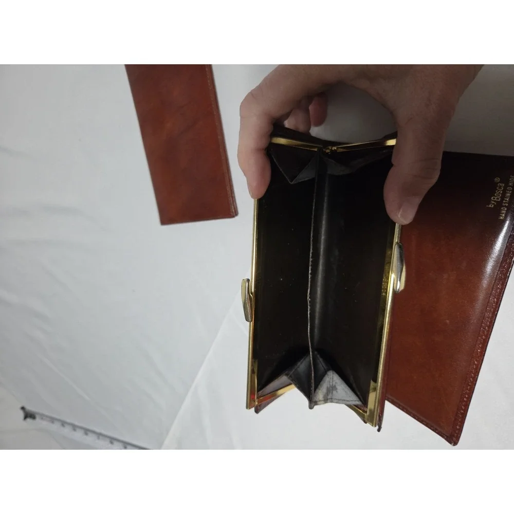 Vintage Bosca Women's Brown Leather Wallet Folding w Card ID Window  & Zip Coin